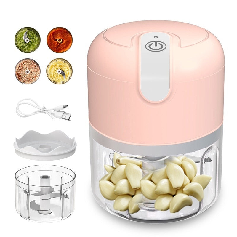 ALFA Mini Processador Elétrico De Alimentos Portátil Com 3 Lâminas Aço Inox USB 250 Ml Bivolt